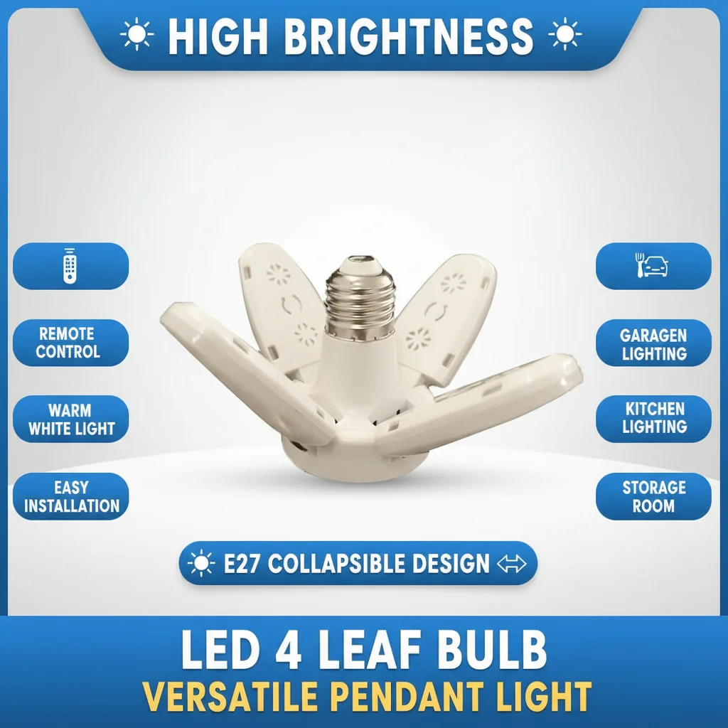 

E27 LED 4-Leaf Folding Bulb, Warm White Super Bright Garage Light, Remote Control Deformable Ceiling Lamp for Kitchen Warehouse