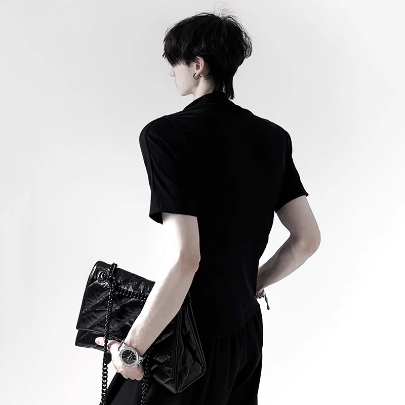 FEWQ قمصان رجالية على الطراز الكوري بياقة واقفة وسحاب تصميم بلون سادة من الحرير الجليدي وأكمام قصيرة سريعة الجفاف تي شيرت رجالي نحيف 24K4391 #4