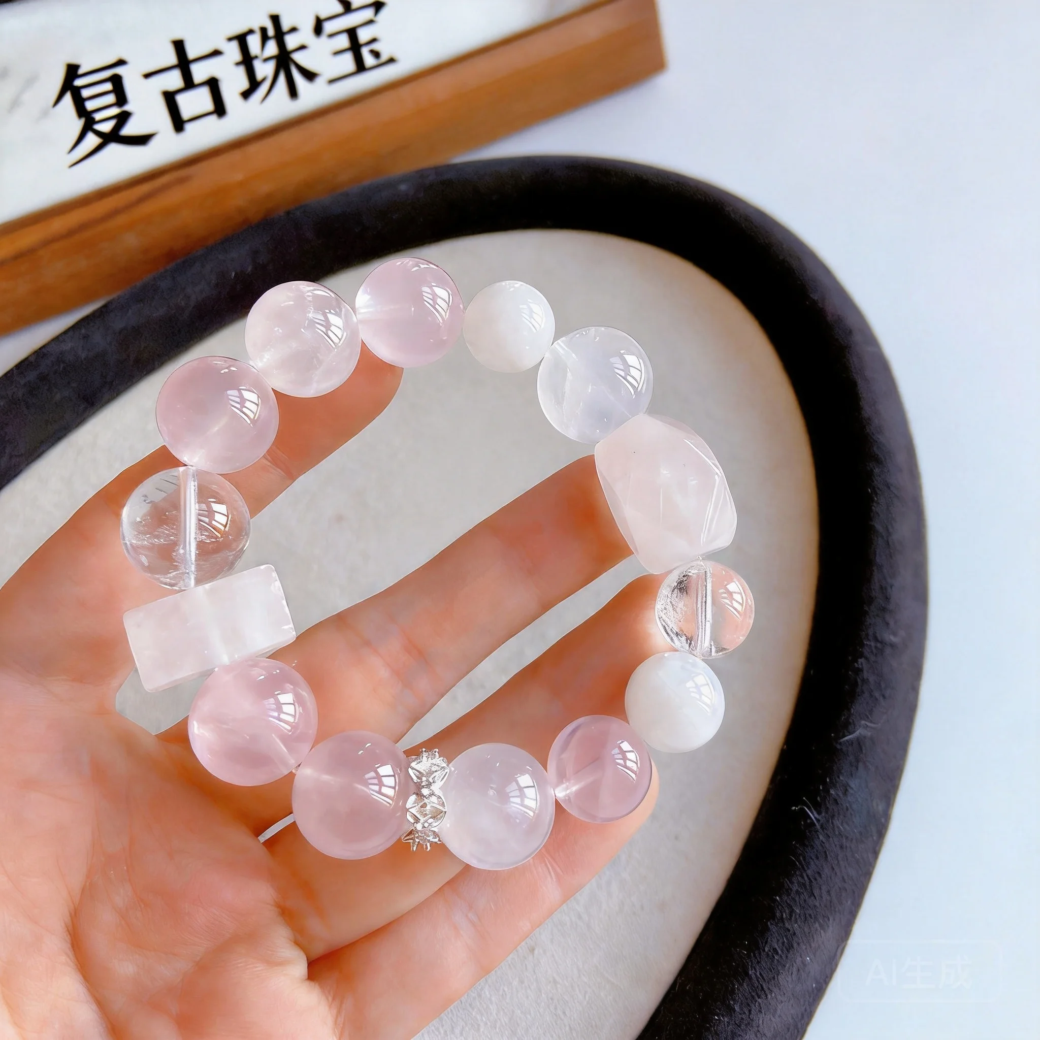 

Chinese Style Lucky Blessing Natural Rose Quartz Bracelet 15mm Snow Phantom Clear Quartz Hexagonal Prism Beaded Bracelet For Wom