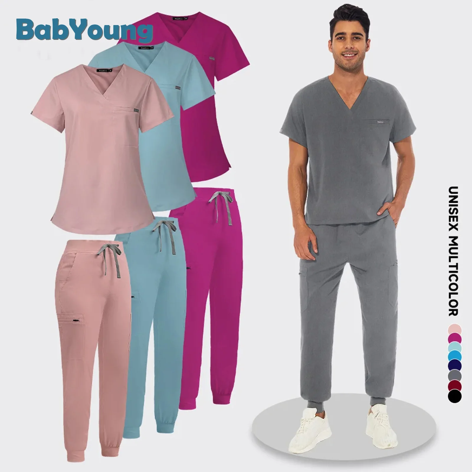 High Quality Solid Color Unisex Nursing Scrub Set Women Uniforms Elasticity Pet Clinic Nurse Tops Medical Doctor Pants Wholesale