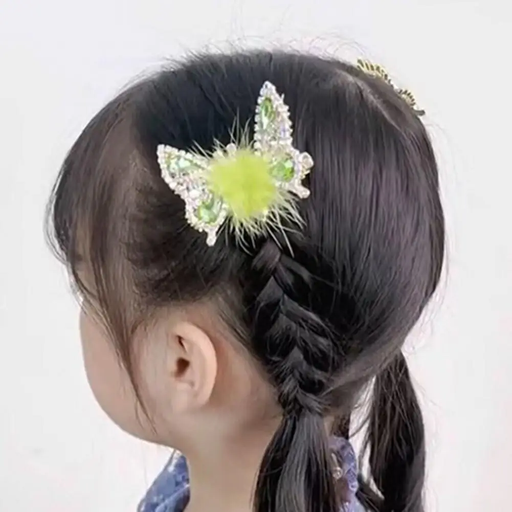 Shiny Plush Ball Decor Metal Clip Girl Hairpin Flying Rhinestone Butterflies Bang Hair Metal Clip Hair Accessories