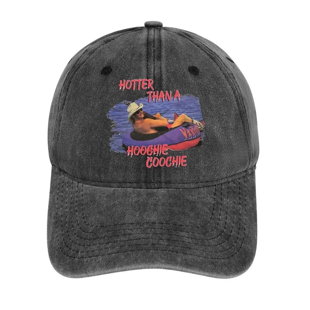 

Hotter Than a Hoochie Coochie Humorous Design Playful - themed, with a person floating and bold text Washed Baseball Cap