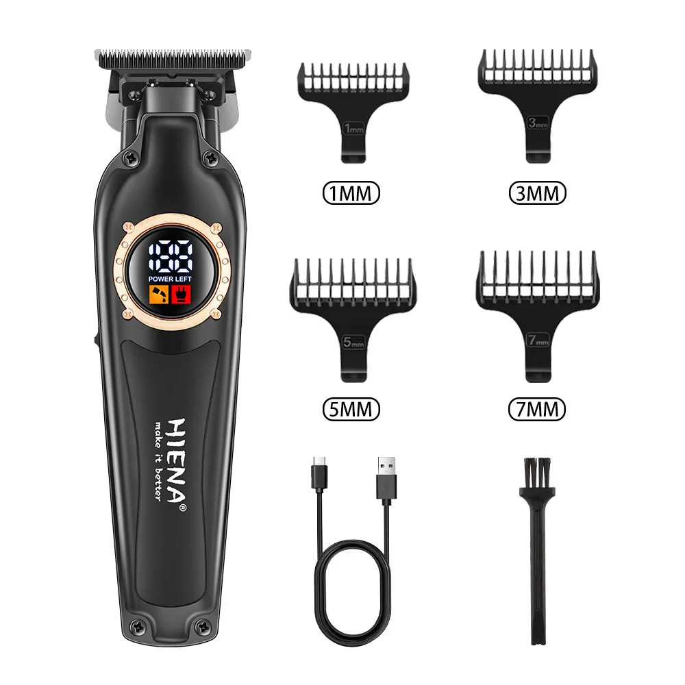 HIENA Cordless Hair Trimmer for Men LED Display Barber Clipper with 1/3/5/7mm Guide Combs Type-C Rechargeable