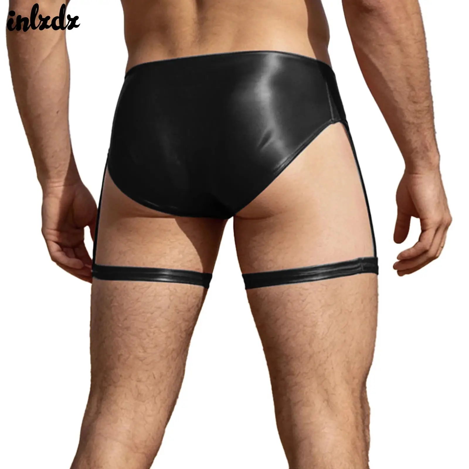 Mens Lingerie PU Leather Briefs Thigh Bands with Garter Clip Bulge Pouch with Zipper Full-butt Underwear Rave Party Clubwear
