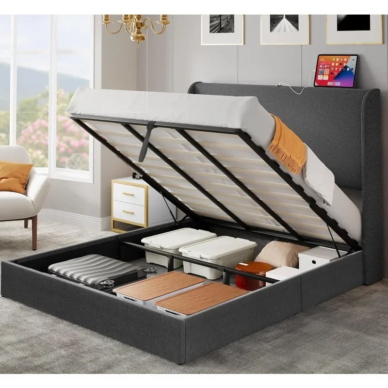 King Size Lift Storage Bed Frame, Modern Linen Upholstered Platform Bed Frame