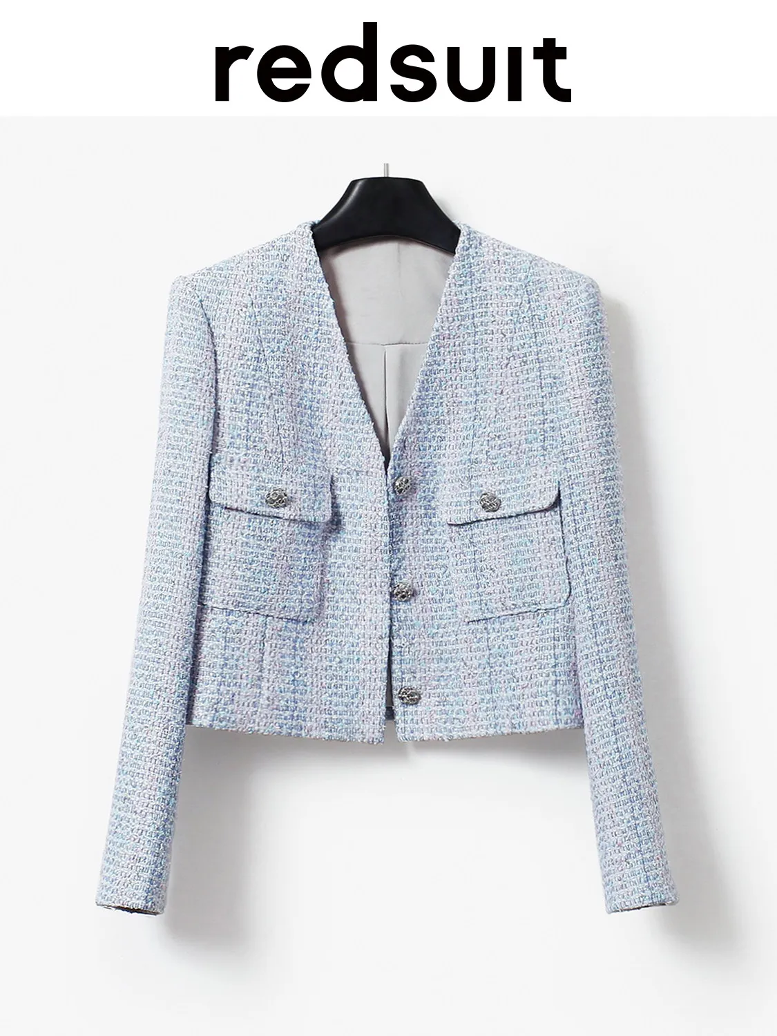 New Blue pink color bright silk woven short V-neck jacket custom size