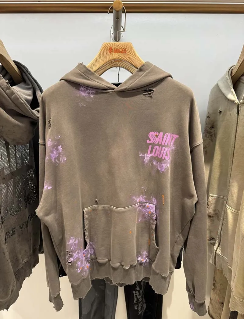 Vintage Saint Louis Purple Letter Distressed Cotton Autumn Winter Hoodie Streetwear