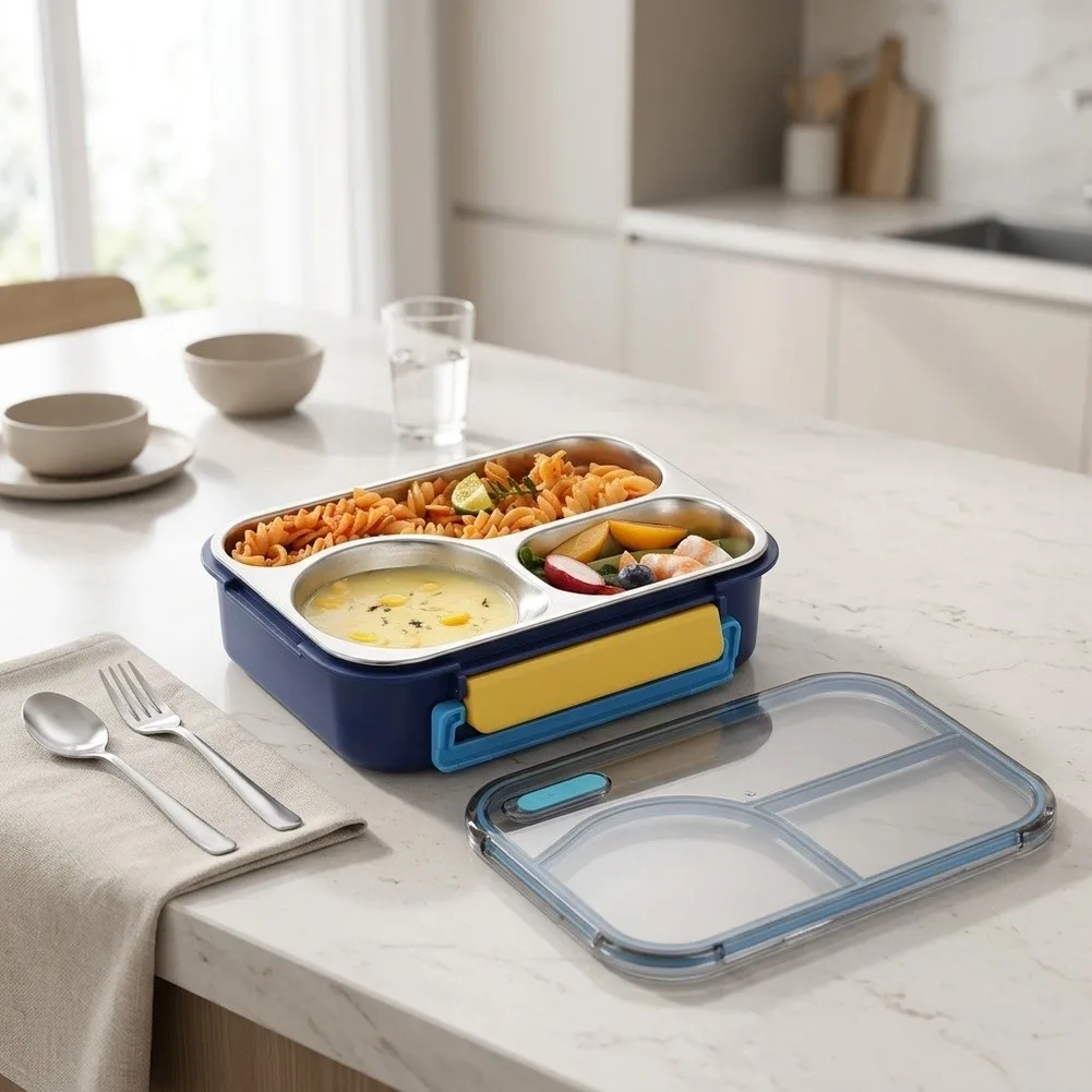 650ml 3‑Compartment Stainless Steel Lunch Box, Leak‑Proof Portable Food Storage Case For Work Office Outdoor Travel Use
