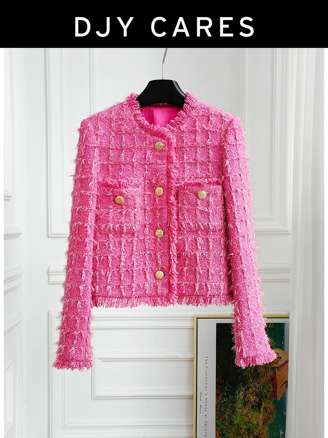 

New red Bold plaid pink shiny short jacket top big size