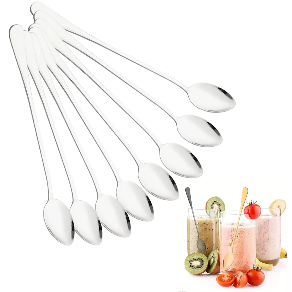 

8Pcs Silver Coffee Stirring Spoon Flatware Cutlery Set Juice Tea Spoons Dinnerware Ice Cream Long Handle Scoop Kitchen Tools