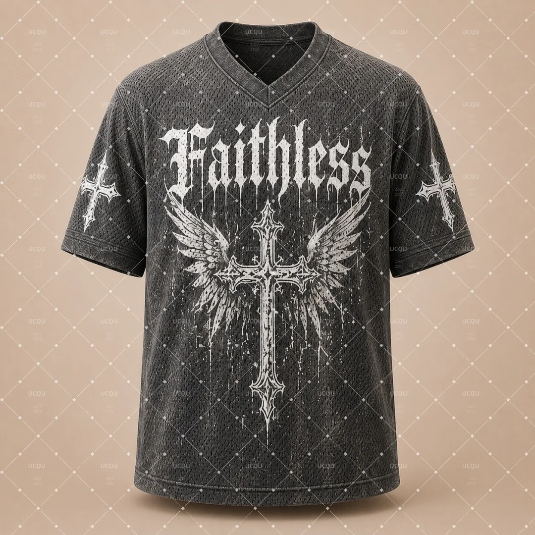 Gothic Fallen Angel Cross Wings Print V‑Neck Mesh Jersey T‑Shirt Men Women Y2K Grunge Streetwear Punk Kids Tee Unisex Tops