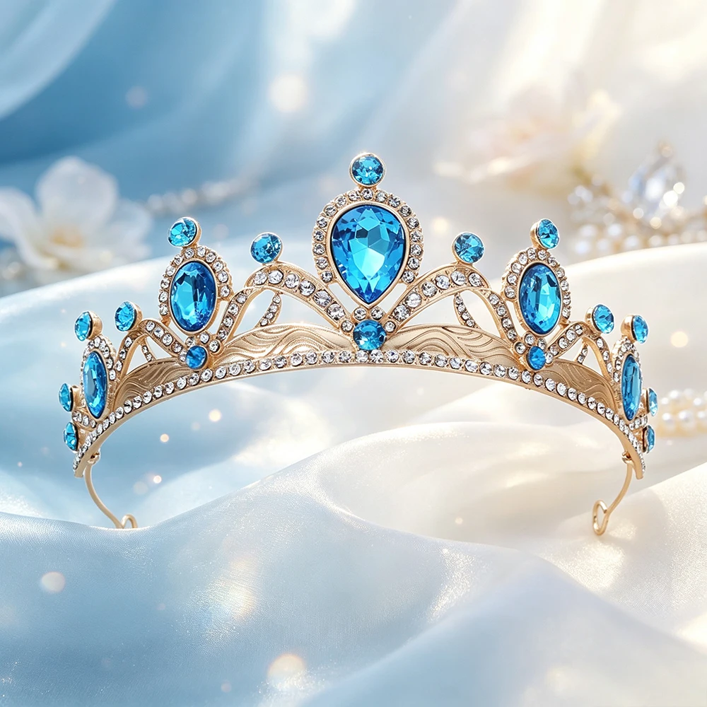 1pc Gold Sapphire Tiara Crown Rhinestone Bridal Wedding Headpiece Elegant Pageant Prom Party Hair Jewelry Accessories for Women