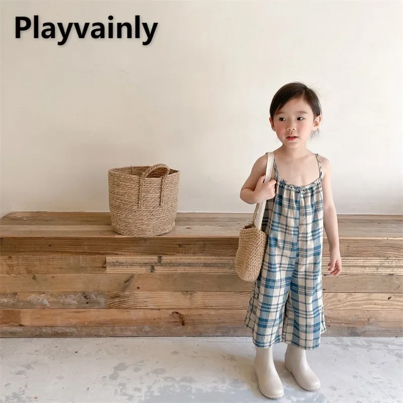 

Клетчатый комбинезон для девочек 1-7 лет, летний комбинезон без рукавов с квадратным вырезом, широкие брюки длиной до икры, детская цельная одежда A22205
