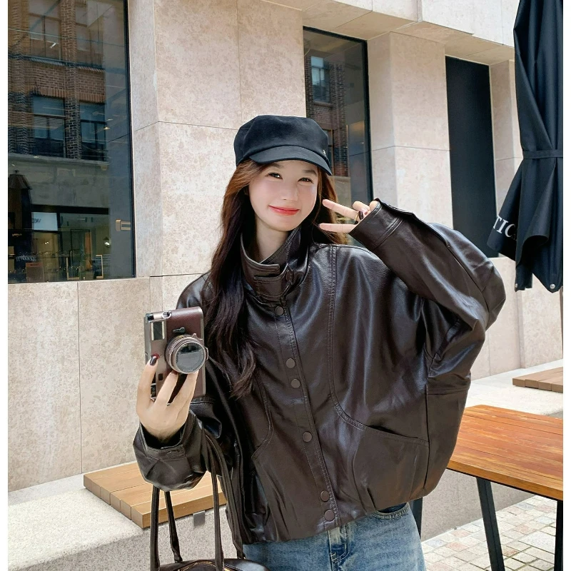 Paired with Wallet Short Coat fashion Black Leather Jacket for Women with A High-end Look A New Autumn Style for Petite Women