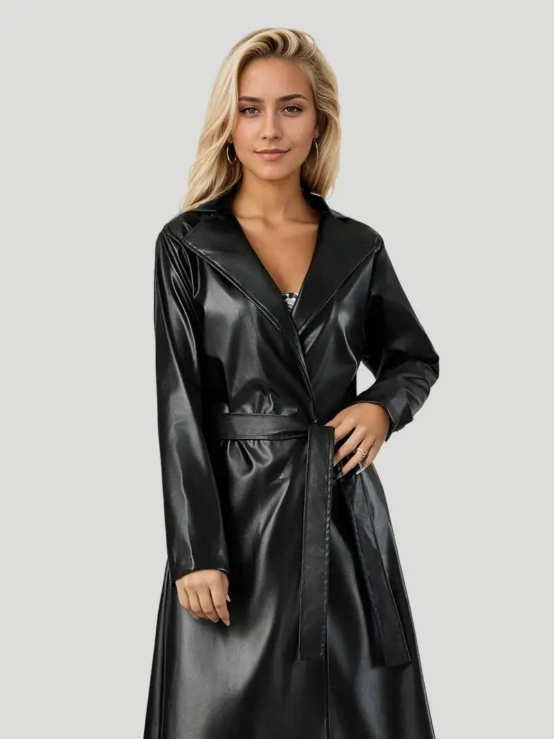 2026 Extended Bathrobe Windbreaker Spring And Autumn Fashion Jacket Leather Coat Women's New Style