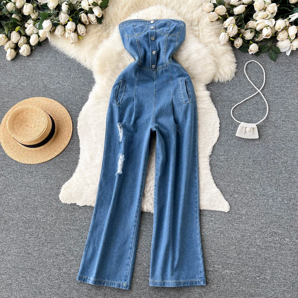 

Harajuku Style Work Suit Jumpsuit Jeans For Women, Loose Wide Legs, Slimming AppeArAnce, Split And Torn Holes, Mopping The