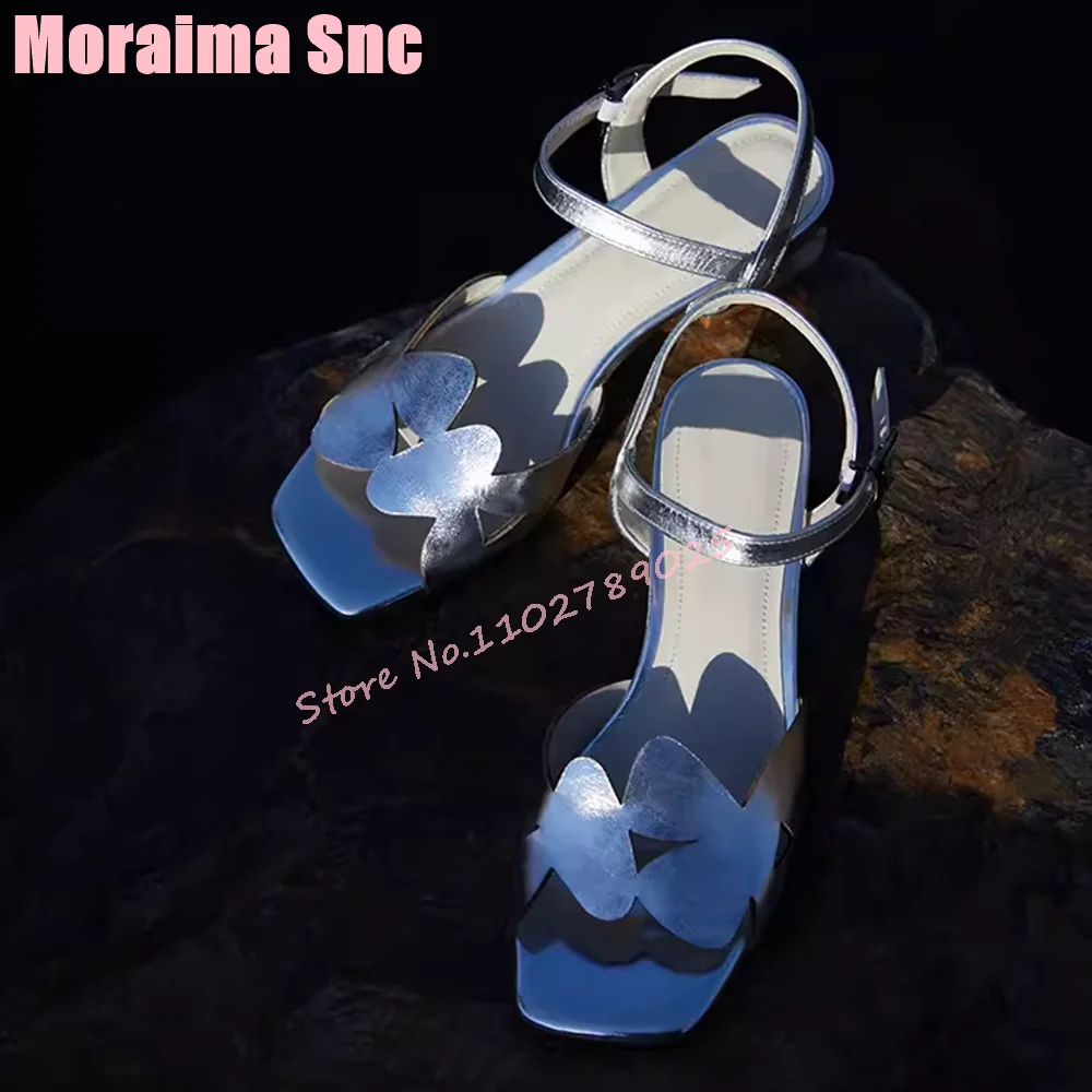 Unique Square Toe Flower Sandals Block Chunky Heel Ankle Buckle Strap Fashion Women‘s Shoes Summer 2024 New Golden Solid Casual’