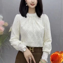Women's Clothing Aesthetic Round Neck Embroidered Flares Solid Color Lace Pullover Long Sleeve T-shirt Fashionable Elegant Tops