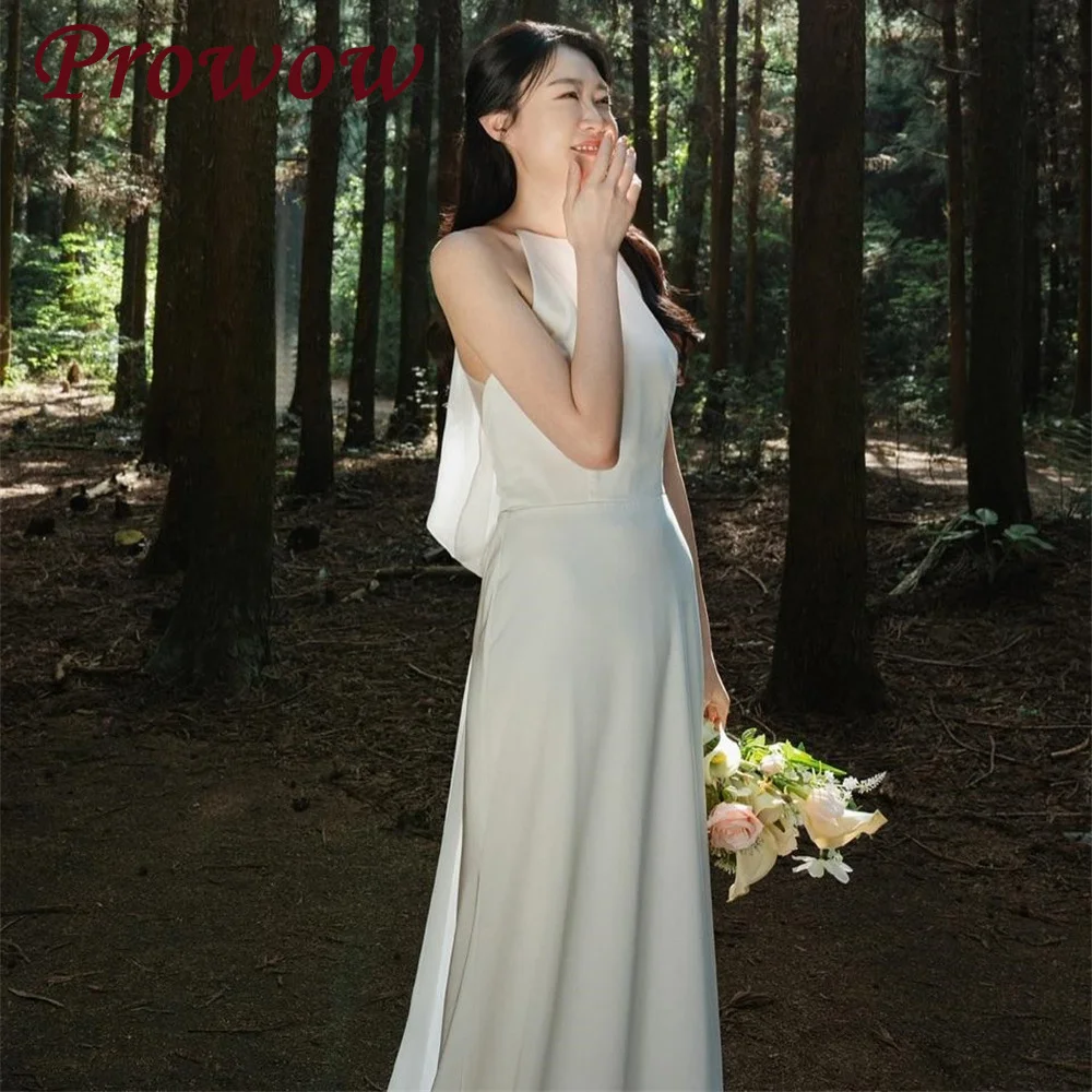 

Prowow Simple O Neck A Line Wedding Dresses Sleeveless Floor Length Bridal Gowns Customized Korea Photoshoot Gown