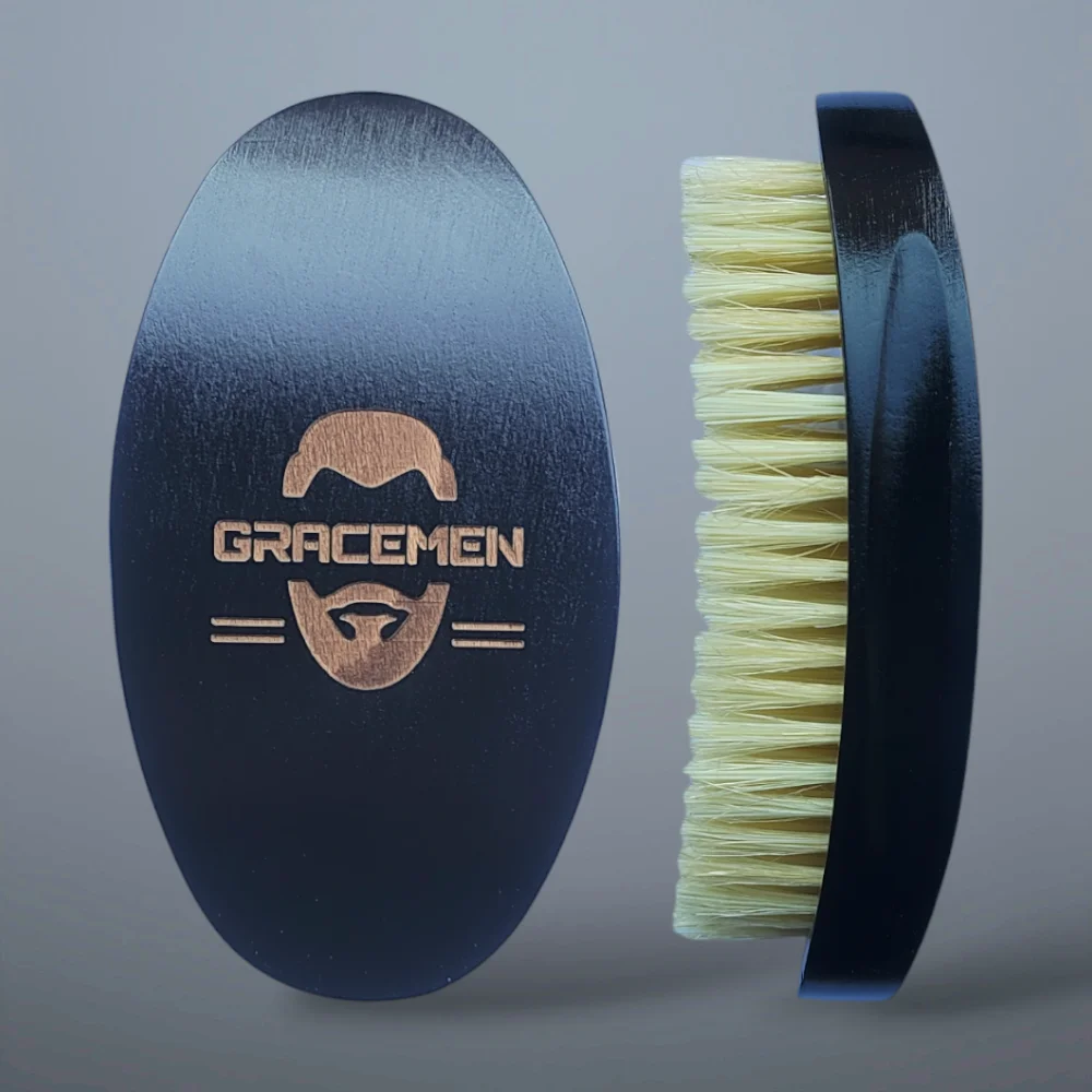 Gracemen 360 Waves Brush Curved Wooden Handle White Boar & Nylon Bristles Mix Medium Stiffness Men's Hair Beard Brush