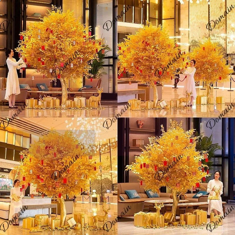 QA Artificial Golden Banyan Tree Wishing Money Tree Large Fake Hotel Mall Decor Fortune Tree New Year Red Envelope