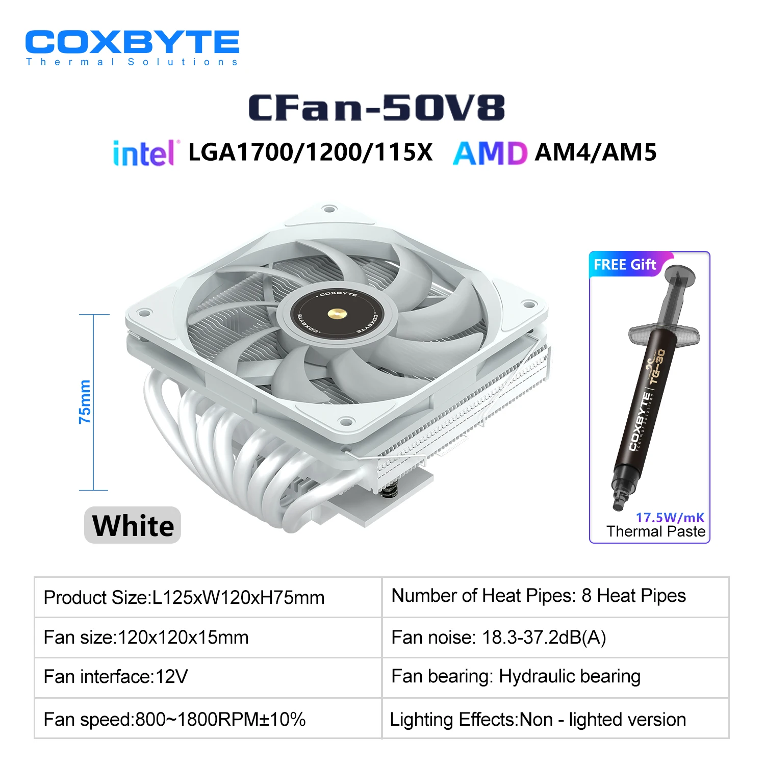 COXBYTE CFan-50V8 8 Heatpipes Down-pressure CPU luchtkoeling Koeler 45 MM Hoge 9 CM Fan voor LGA1200/1700/AM4/5 ITX Chassis