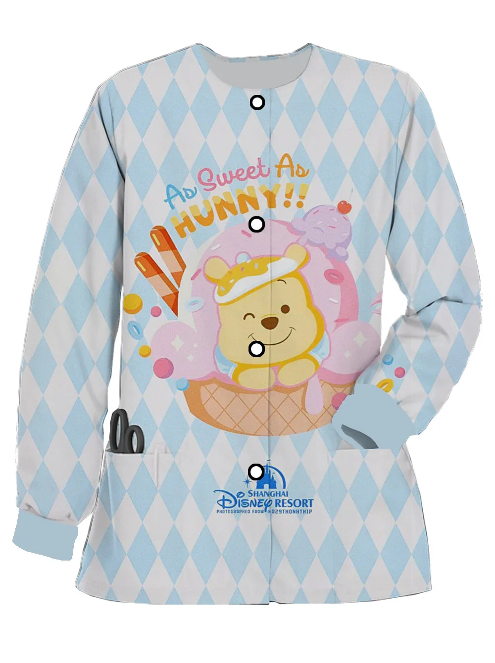 2024 New Disney Bear Printed Women's Long-sleeved Doctor Work Uniform Spring and Autumn Frosted Casual Nurse Uniform Cardigan