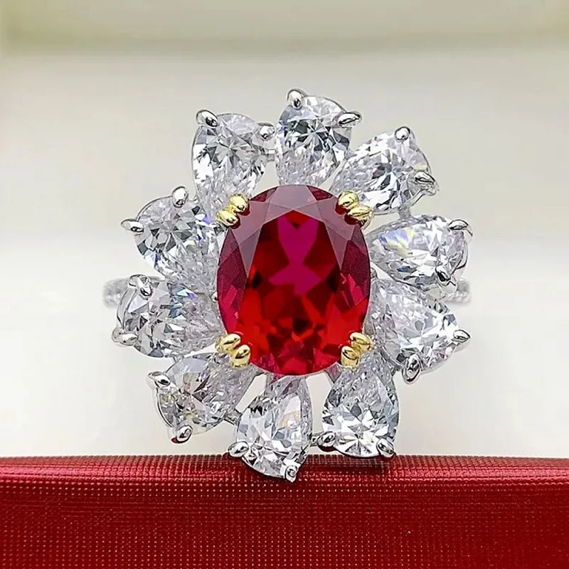 9K Gold Women's Ring  Main stone synthetic Ruby and  Vice Stone Mosang Diamond  ring  Wedding/Anniversary/Valentine's Gift