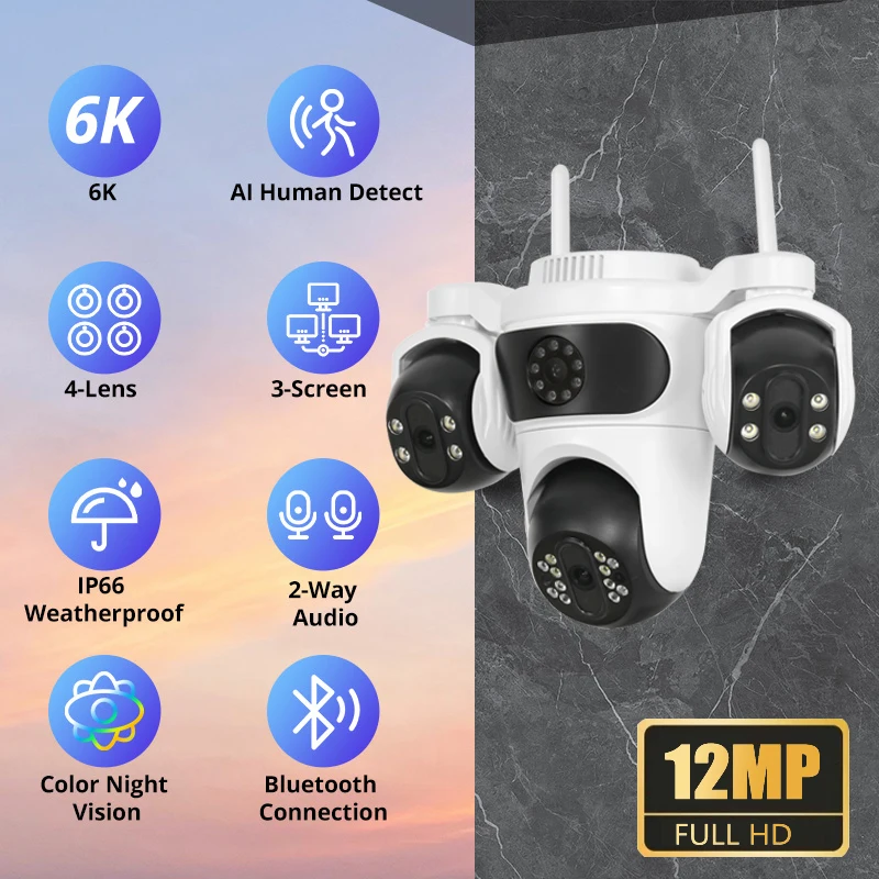 

12MP IP Camera Outdoor Four-Lens Three Screens WiFi Camera Home Security PTZ Cam Auto Tracking CCTV Surveillance iCSee App