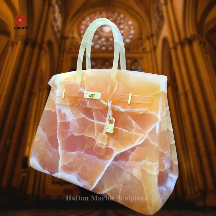 

YYHC-Customized Orange Jade Marble Stone Art Handicraft Luxury Marble Sculpture Bag