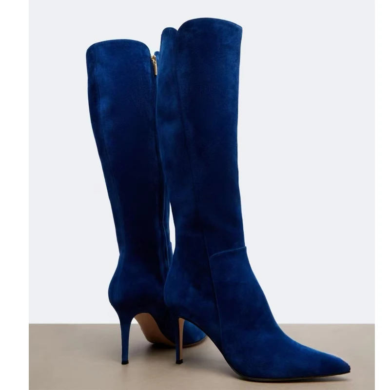Women Blue Pointed Toe Suede Side Zipper Knee High Boots 2026 Brown Thin High Heel Long Boots Elegant Party Dress Heeled Boots