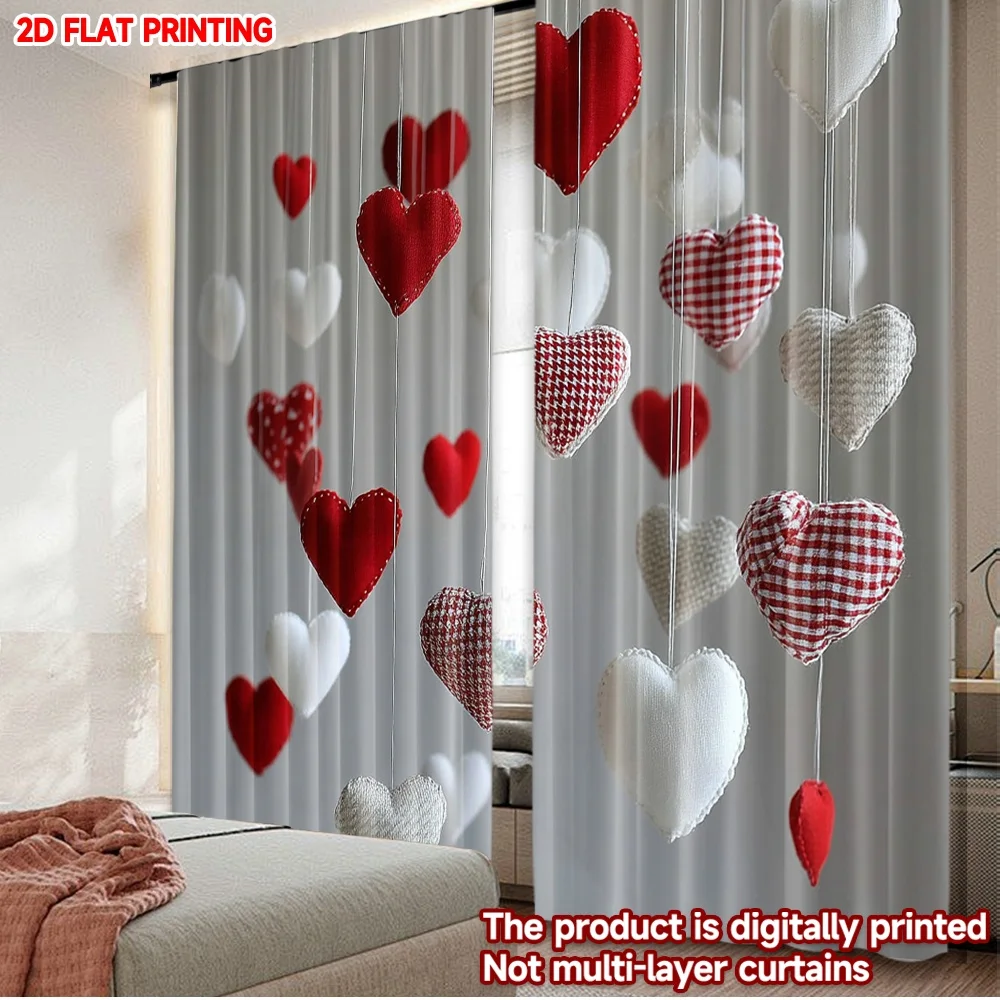 

2D flat printing 2pcs Party Curtains Red and White Heart Shape Digital Printed Polyester Drapes Festive Curtains Perfect for