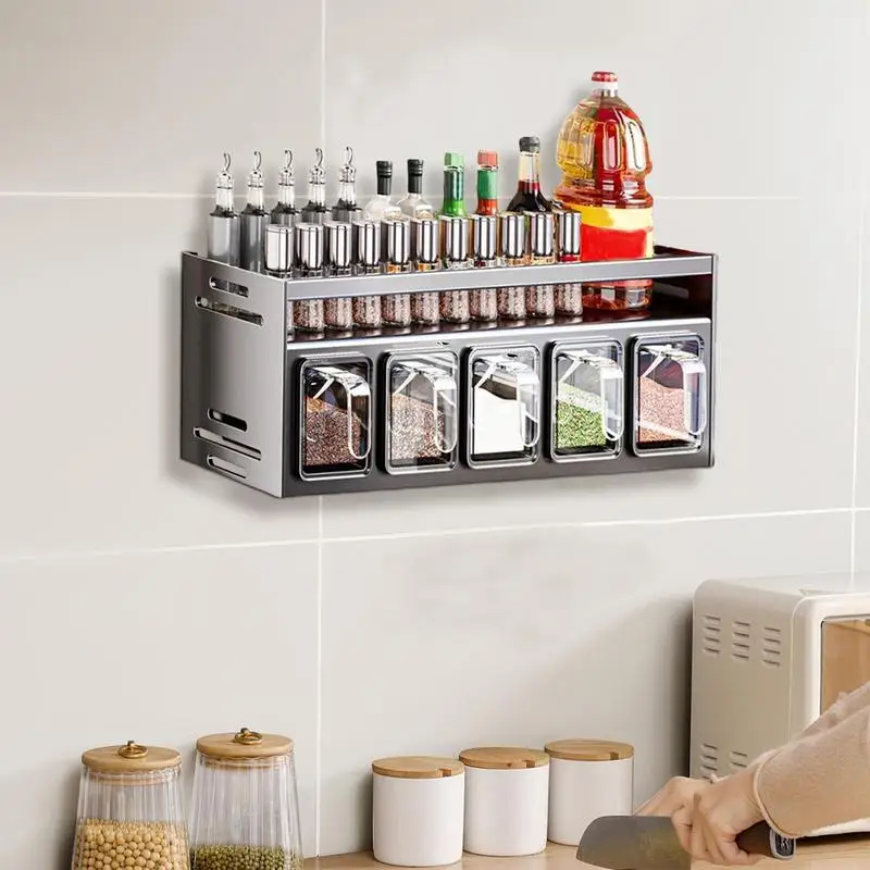 

Kitchen Seasoning Organizer Wall Mount Punch-Free Seasoning Holder Large Capacity Storage Rack Seasoning Stand For Kitchen