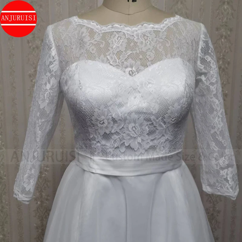 Drei Viertel Ärmeln Hochzeit Kleid Kurze Vestidos De Novia Frankreich Spitze Suknia Ślubna Mid-Kalb Länge Robe Mariage Trouwjurk