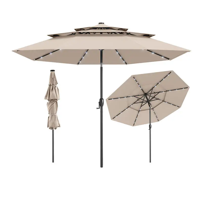 10Ft Solar Market Patio Umbrella, Triple Ventilated Canopy, Crank Tilt Mechanism, Durable Frame For Outdoor Deck, Poolside And Commercial Cafe Shade, Beige