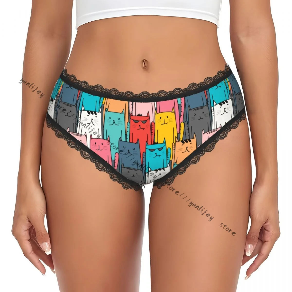 Casual Women Colorful Cats Art Lace Triangle Panties Comfort Intimate Wear