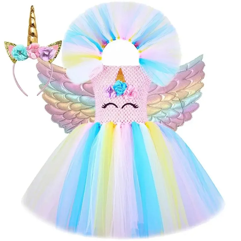 Girls Pastel Unicorn Tutu Dress Set with Wings Flower Headband Kids Birthday Party Halloween Christmas New Year Ballet Costume