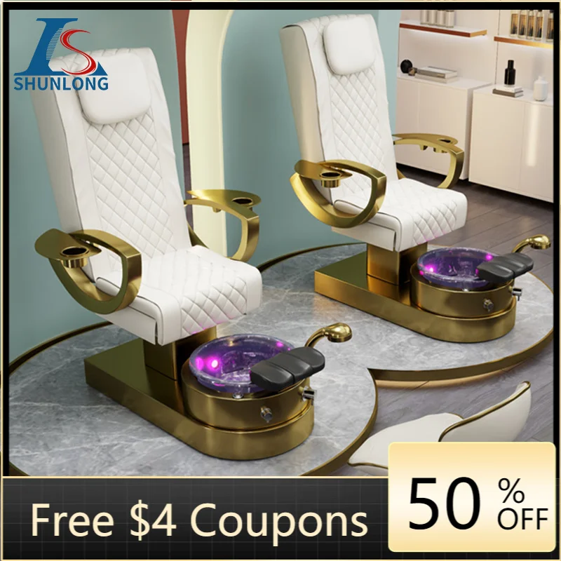 Luxury Gold Pedicure Chair Electric Reclining Spa Chair with Glass Foot Basin, Nail Salon Pedicure Sofa