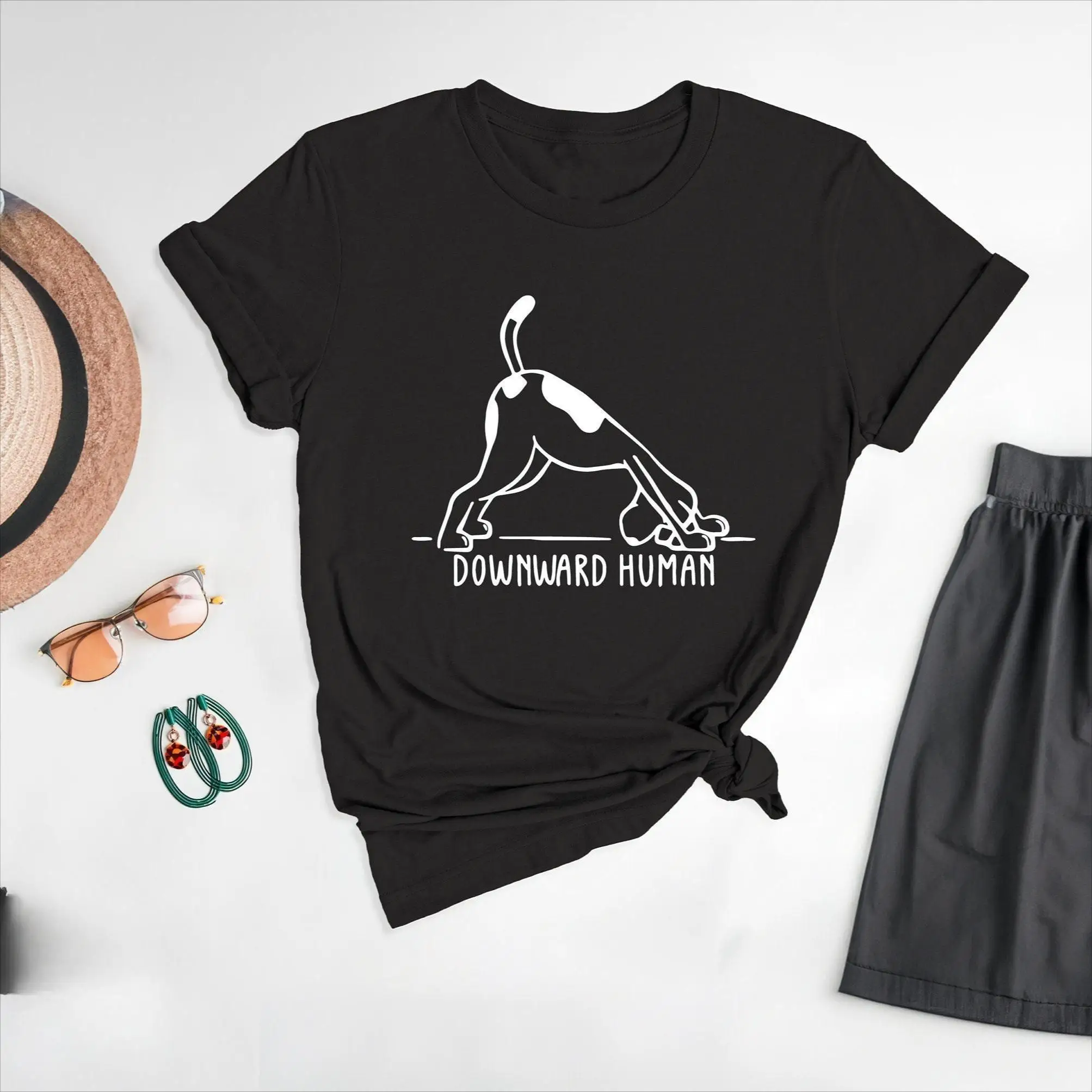 

Funny Yoga Slogan T-shirt "Downward Human" Graphic Tee, Humorous Gift for Yoga Lovers & Dog Owners