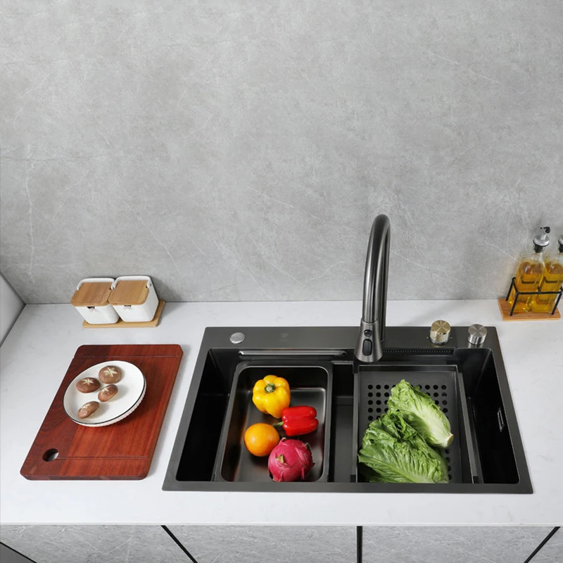 

Tiktok Trends Stainless Steel All in One Kitchen Sink With Pull Down Faucet Waterfall Kitchen Faucet With Kitchen Drain