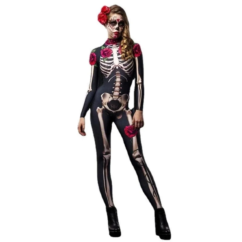 Adult Kids Rose Skeleton Scary Costume Halloween Dress Cosplay Sexy Jumpsuit Carnival Party Baby Girl Rompers Day of The Dead