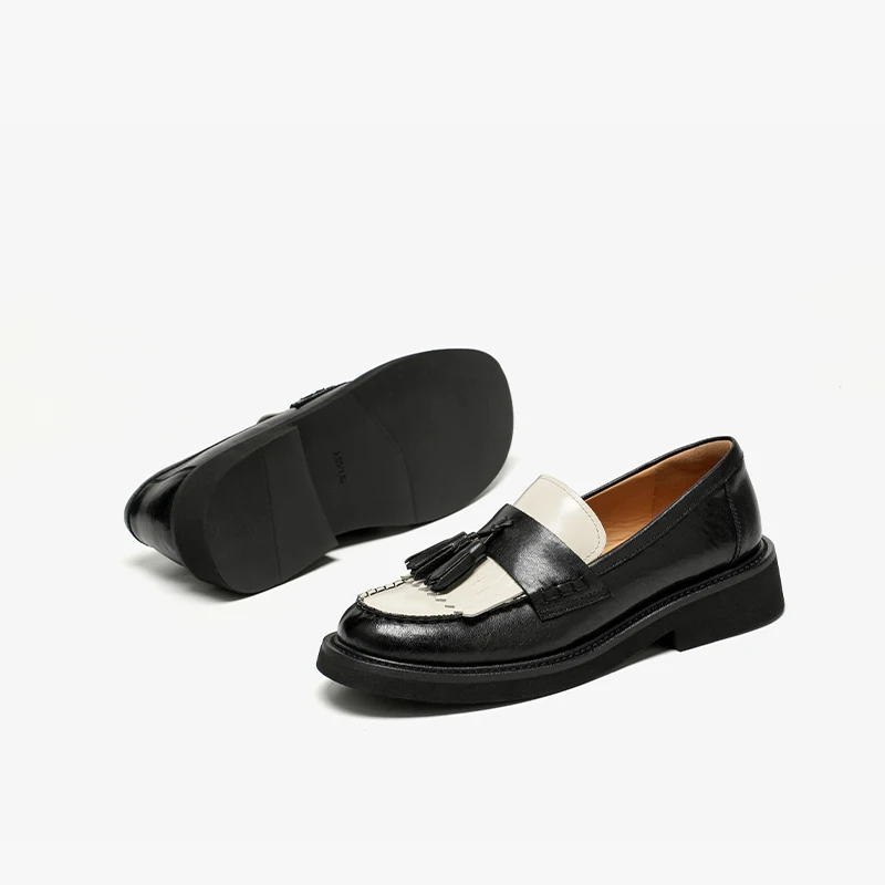 BEAUTODAY Loafers Women Genuine Cow Leather Fringe Patchwork Round Toe Slip-on Mid-heel Ladies Shoes Handmade 26447