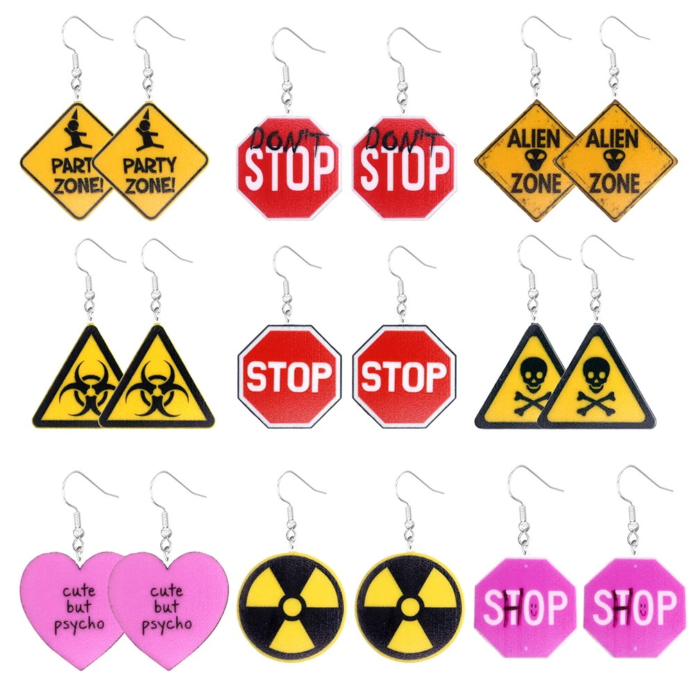 Cartoon earrings, acrylic cute, funny stop, road signs, warning signs, aliens