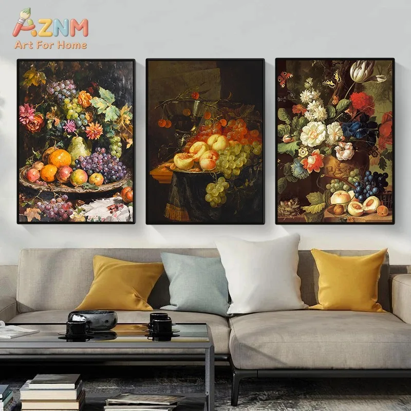 AZNM Vintage Classical Still Life Canvas Wall Art Retro Fruit Grape Flower Oil Painting Print Unframed Canvas For Living Room Ho