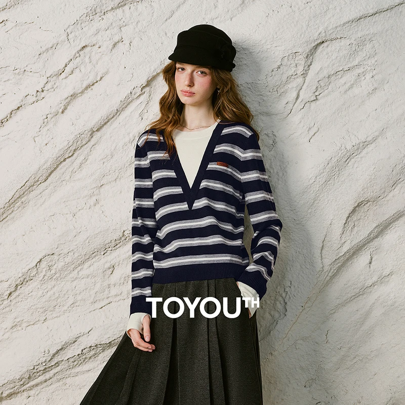 TOYOUTH Women Sweater 2026 Winter Wool Blend  New Fake Two Piece Striped Loose Crew Neck Pullover Tops