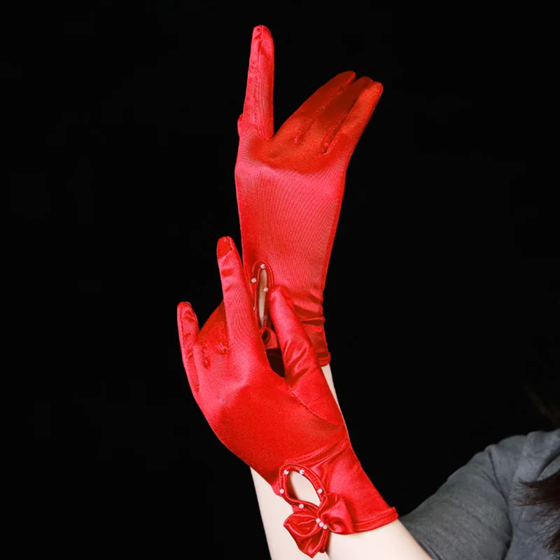 

Halloween Makeup Party Performance Red Satin Pearl Bow Bride Etiquette Gloves Women Short Elastic Wedding Dress Accessories
