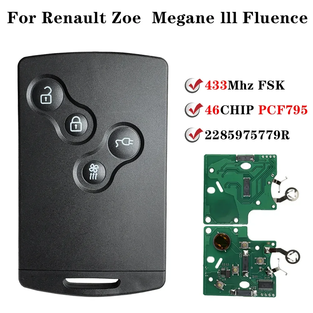 For 2009 - 2015 Renault Zoe Megane III Fluence Laguna III Scenic  Keyless Smart Card Car Key PCF7952A 433MHz 