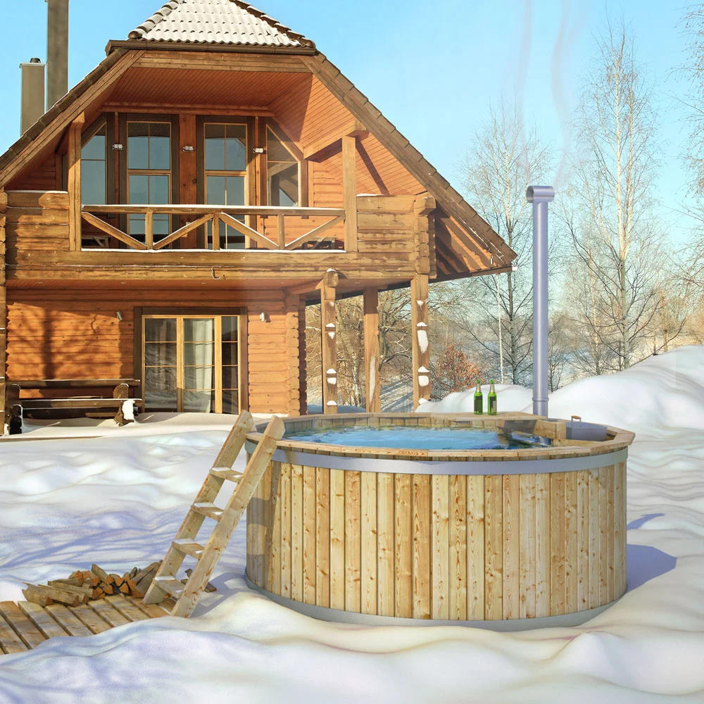 2026 Modern Finnish Pine Sauna & Hot Tub | 5-6 Persons, Solid Spruce, External Wood-Fired Stove (Dry Steam Function)