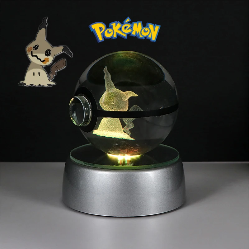 Pokemon 3D Crystal Poke Ball Figure Toys Anime Gengar Mimikyu Jigglypuff Eevee Figurines LED Lamp Base Pokeball Glass Ball Gifts