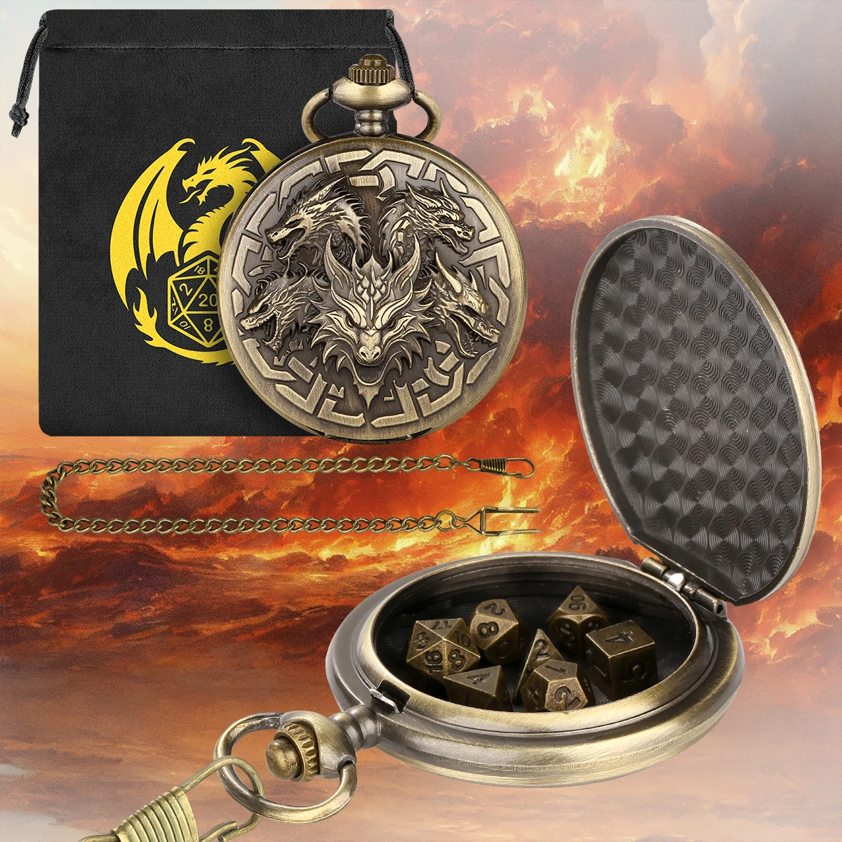 5pcs Steampunk Dragons Bronze/Grey Black Metal Pocket Watch Case Mini Polyhedral Dice Set with Retro Pocket Chain Unique Gifts
